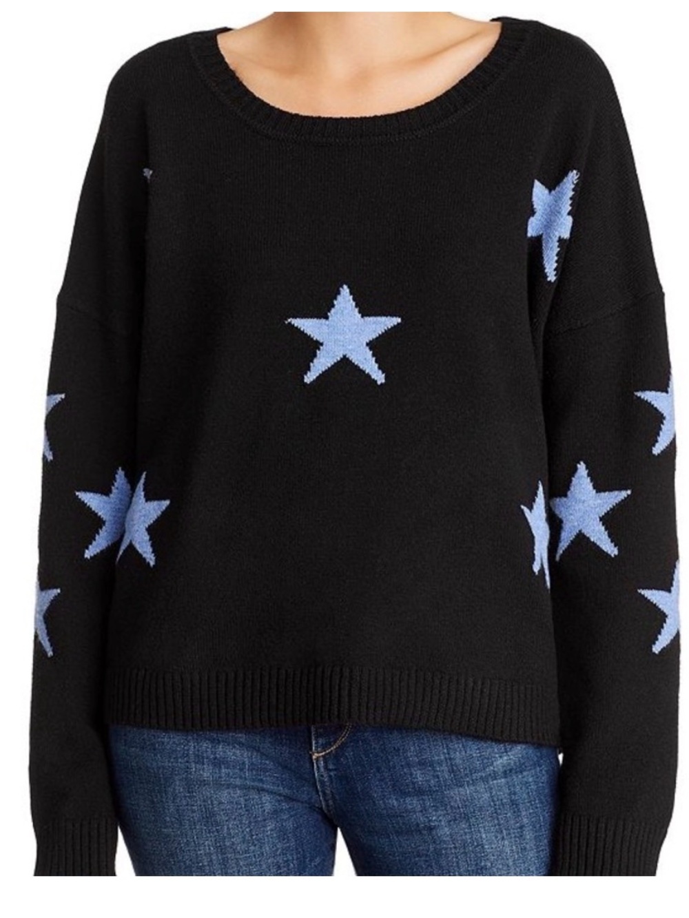Theo & Spence Black Knit Star Crewneck Sweater Blue Stars XL